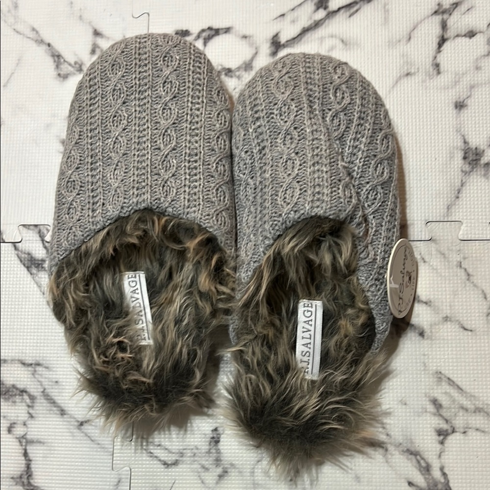 P.J. Salvage Gray Knit Slippers with Faux Fur